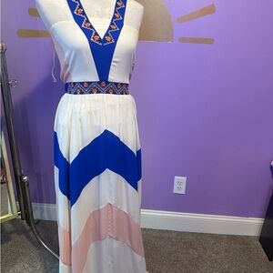 GB White and Blue Embellished Maxi Sundress